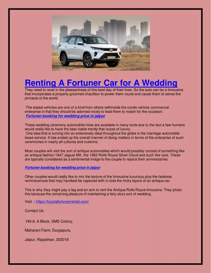 renting a fortuner car for a wedding they need