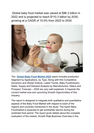 Baby Food Market Report Includes Dynamics, Products, Segmentation And Competitio