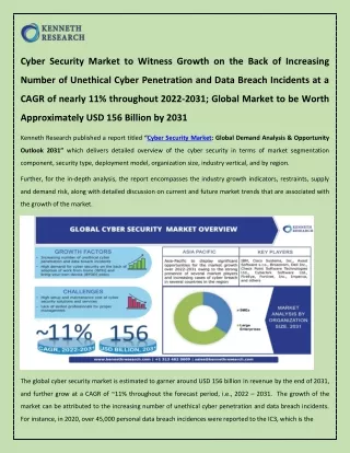Cyber Security Market to be Worth Approximately USD 156 Billion by 2031