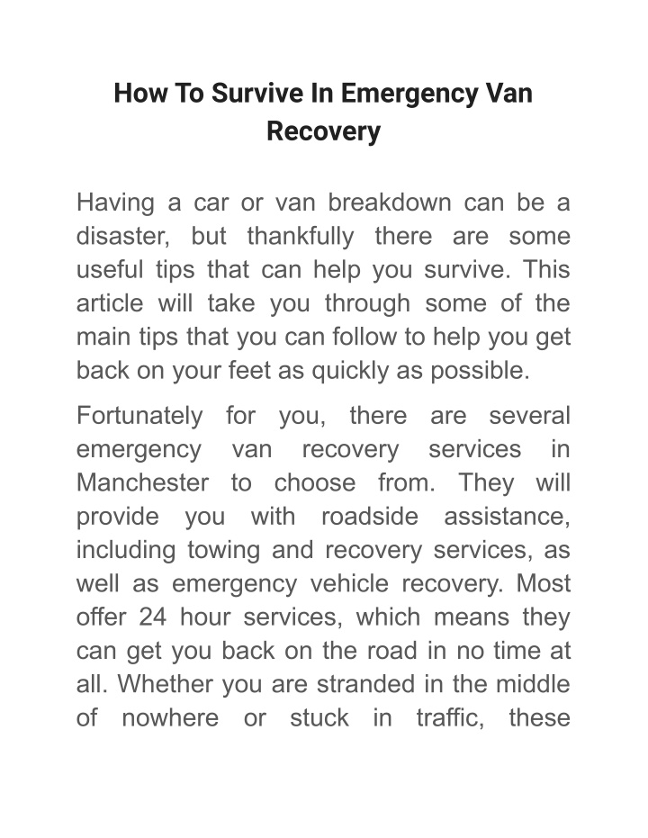 how to survive in emergency van recovery