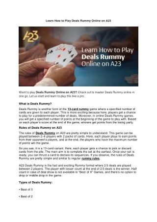 Learn How to Play Deals Rummy Online on A23