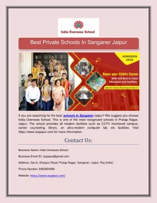 Best Private Schools In Sanganer Jaipur