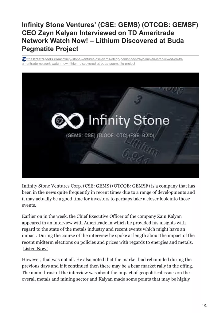 infinity stone ventures cse gems otcqb gemsf