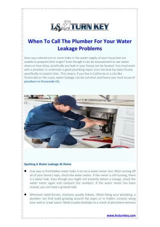 When To Call The Plumber For Your Water Leakage Problems