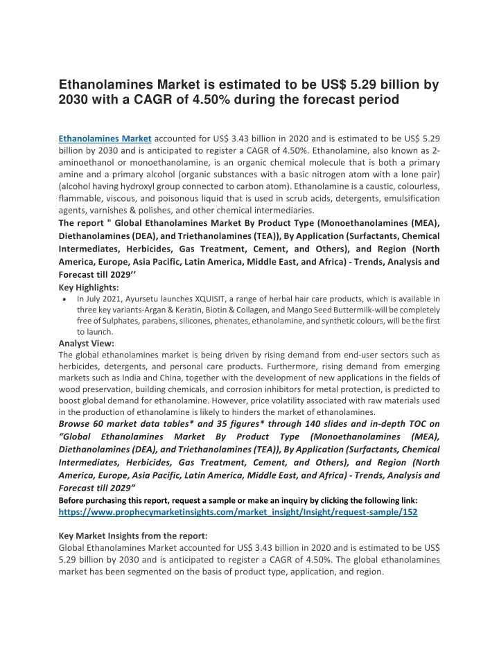 ethanolamines market is estimated