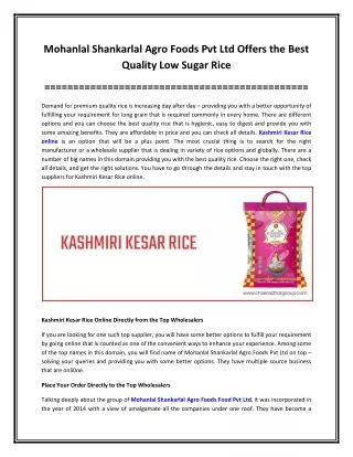 Mohanlal Shankarlal Agro Foods Pvt Ltd Offers the Best Quality Low Sugar Rice