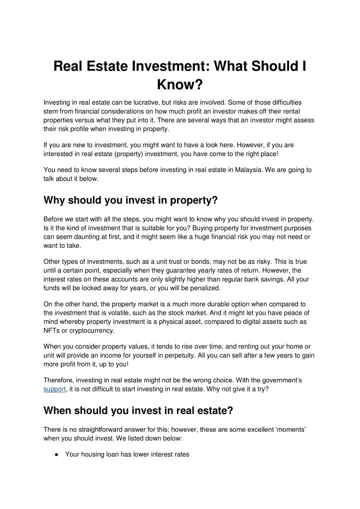real estate investment what should i know