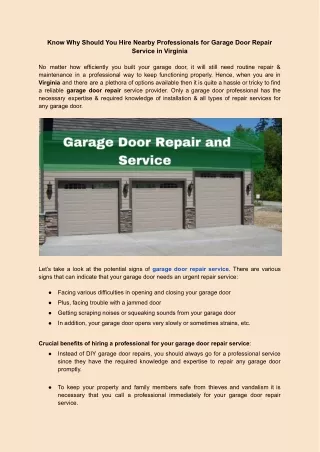 Know Why Should You Hire Nearby Professionals for Garage Door Repair Service in
