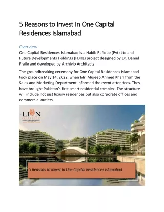 5 Reasons to Invest In One Capital Residences Islamabad
