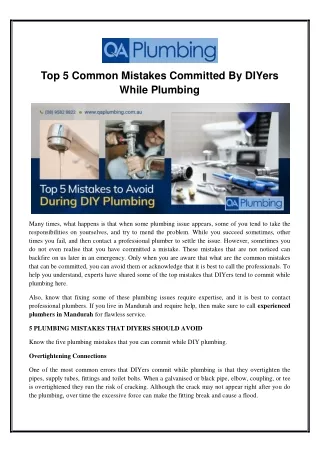 Top 5 Common Mistakes Committed By DIYers While Plumbing