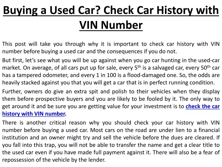 buying a used car check car history with vin number