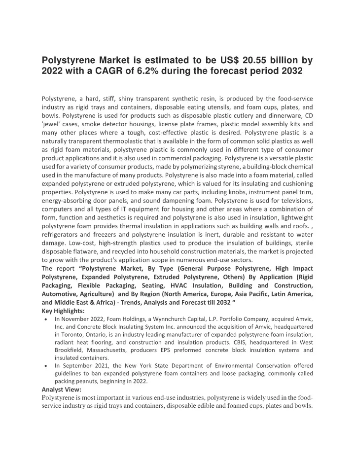 polystyrene market is estimated