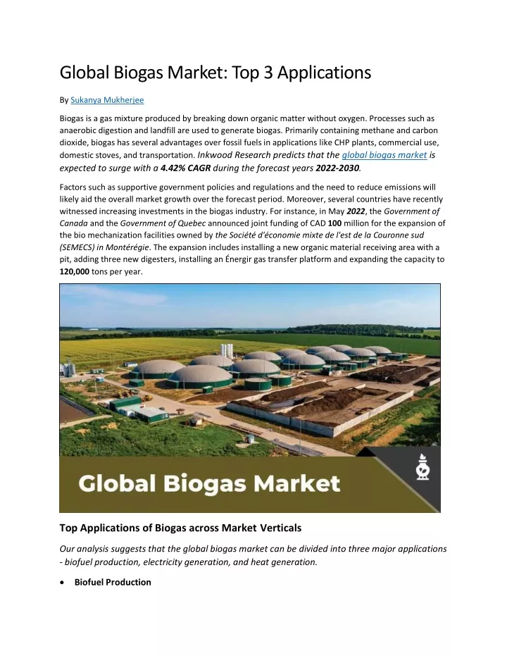 global biogas market top 3 applications
