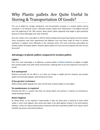 Why Plastic pallets Are Quite Useful In Storing & Transportation Of Goods.