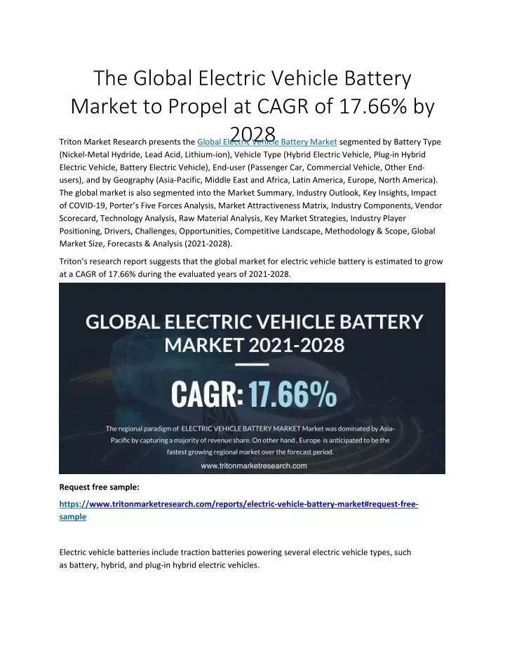the global electric vehicle battery market to propel at cagr of 17 66 by 2028