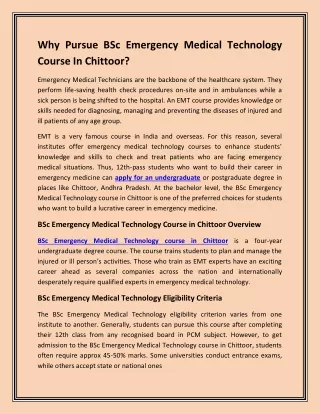 Why Pursue BSc Emergency Medical Technology Course In Chittoor?