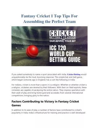 Fantasy Cricket Top Tips For Assembling The Perfect Team