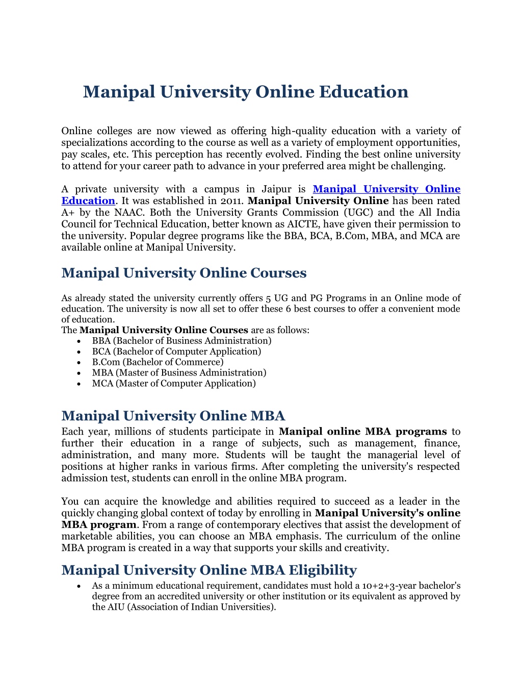 PPT - Manipal University Online Education PowerPoint Presentation, free ...