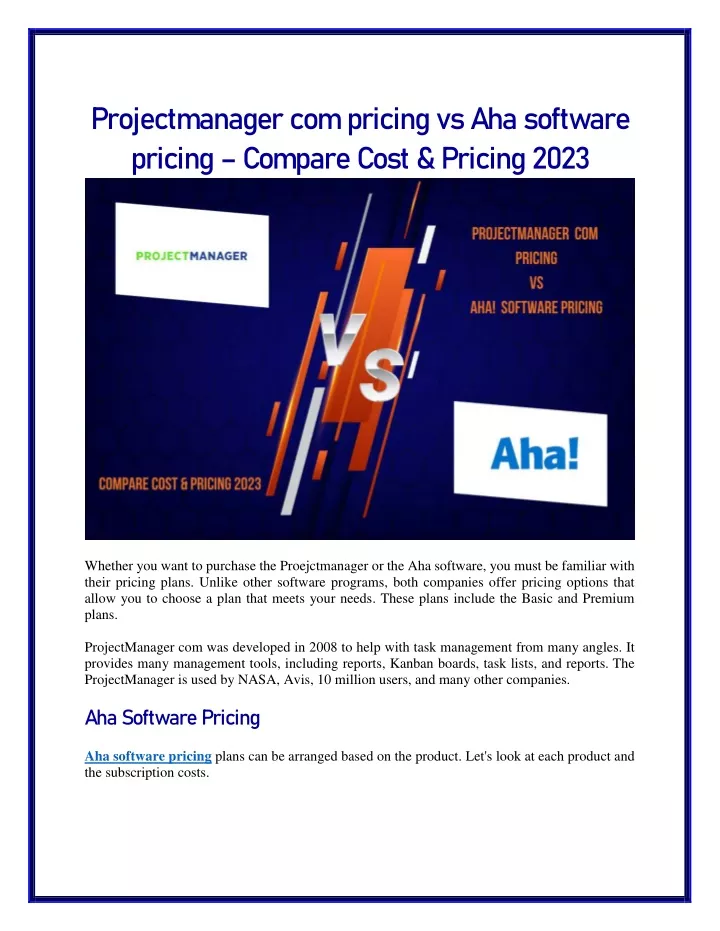 projectmanager com pricing vs aha software