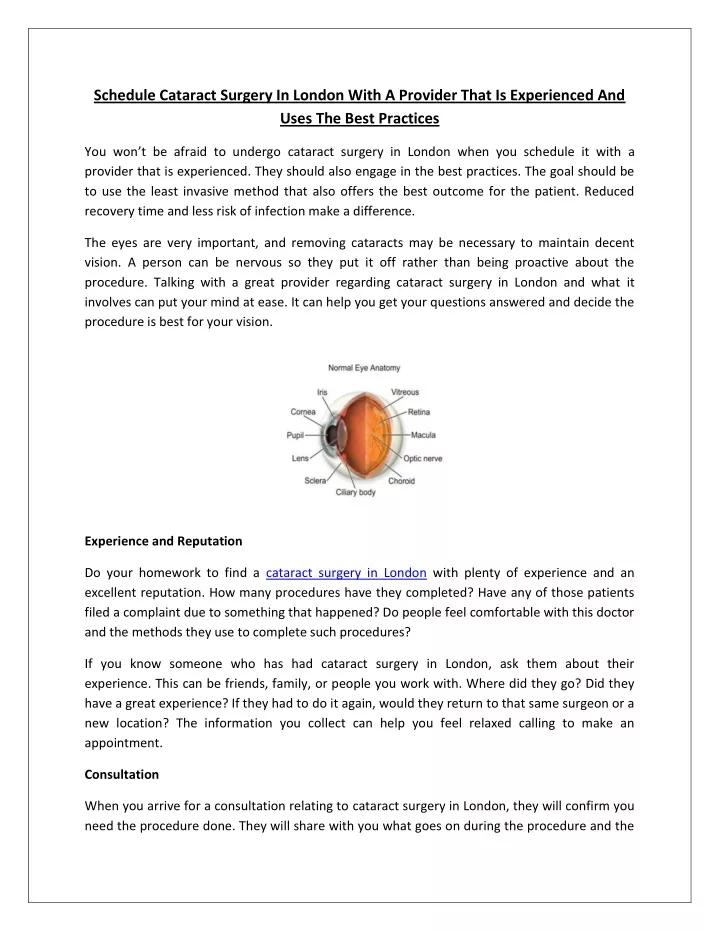 schedule cataract surgery in london with