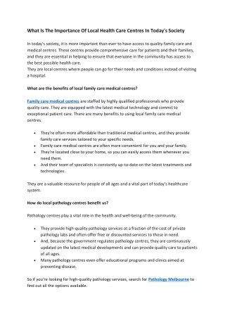 What Is The Importance Of Local Health Care Centres In Today's Society