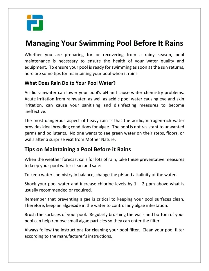managing your swimming pool before it rains