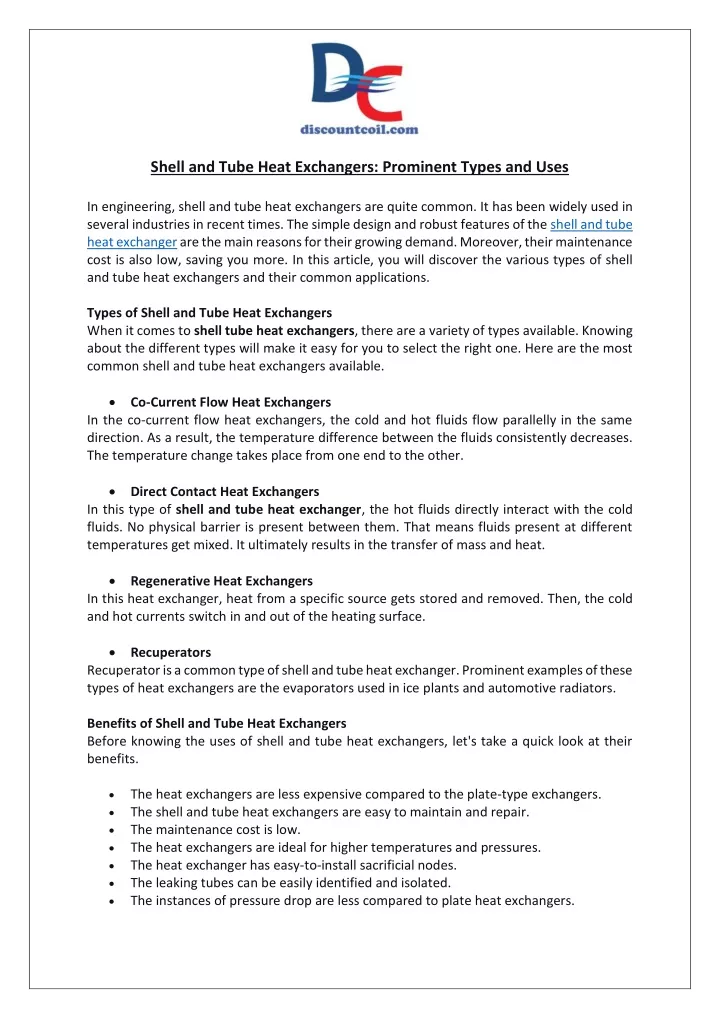 shell and tube heat exchangers prominent types