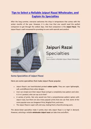 Tips to Select a Reliable Jaipuri Razai Wholesaler, and Explain Its Specialties