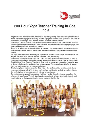 200 Hour Yoga Teacher Training In Goa, India
