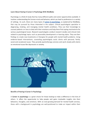 Learn About Having A Career in Psychology With MedBaba