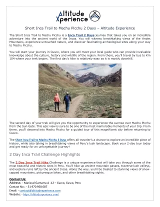 Short Inca Trail to Machu Picchu 2 Days