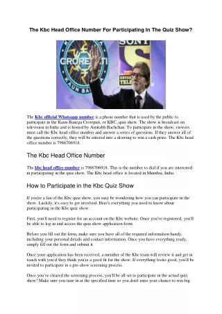 The Kbc Head Office Number For Participating In The Quiz