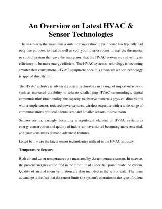 An Overview on Latest HVAC & Sensor Technologies