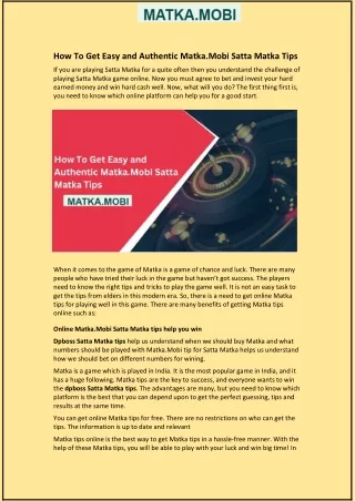 how to get easy and authentic matka mobi satta