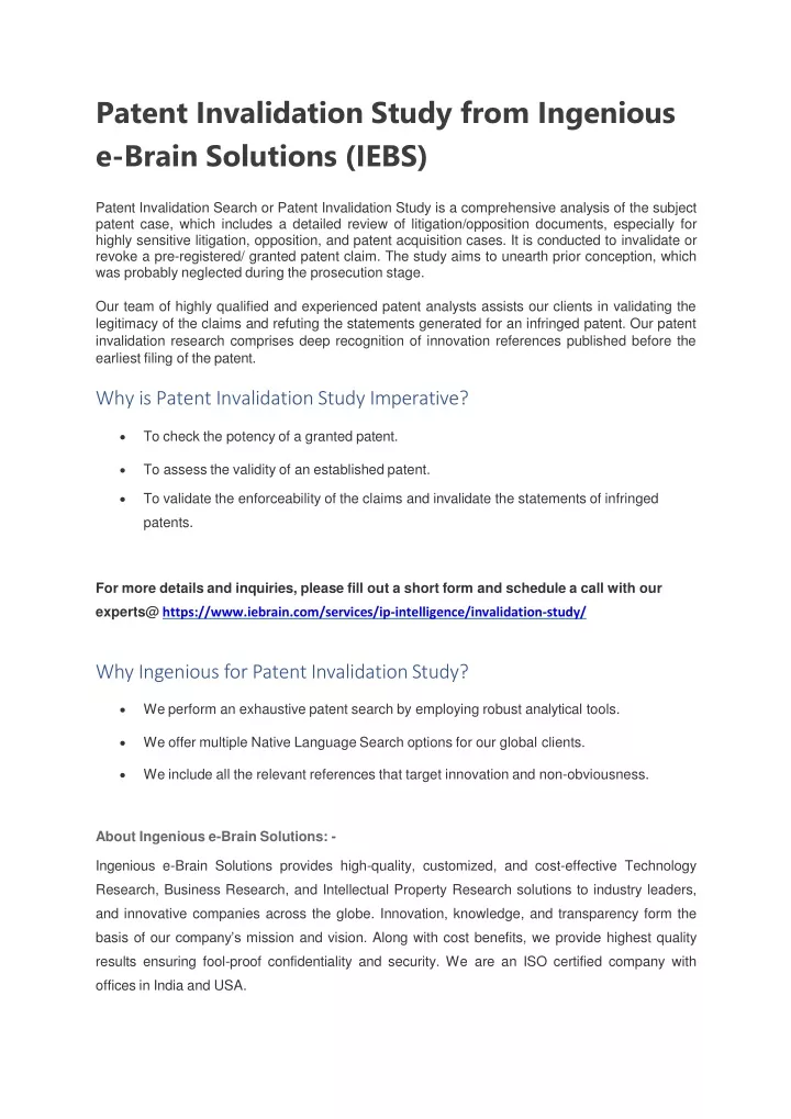 patent invalidation study from ingenious e brain solutions iebs