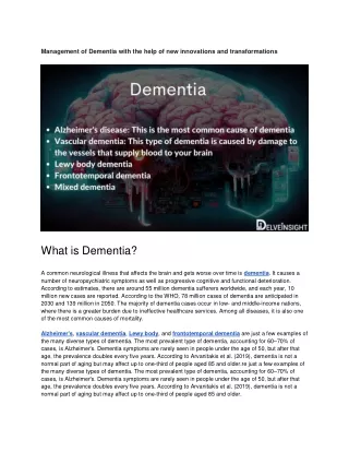 Management of Dementia with the help of new innovations and transformations