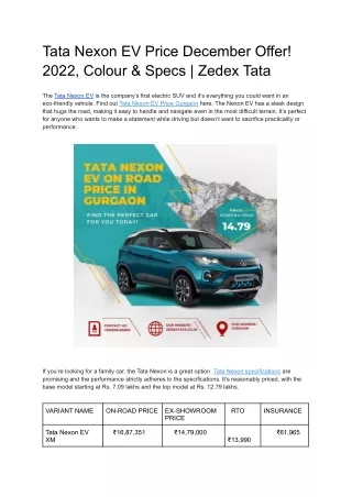 Tata Nexon EV Price December Offer! 2022, Colour & Specs | Zedex Tata