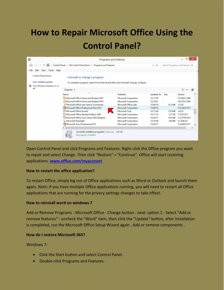 how to repair microsoft office using the control