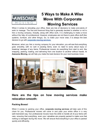 Get the Best Corporate Moving Services - Awesome Moving KC