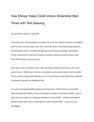 How Eltropy Helps Credit Unions Streamline Wait Times with Text Queuing