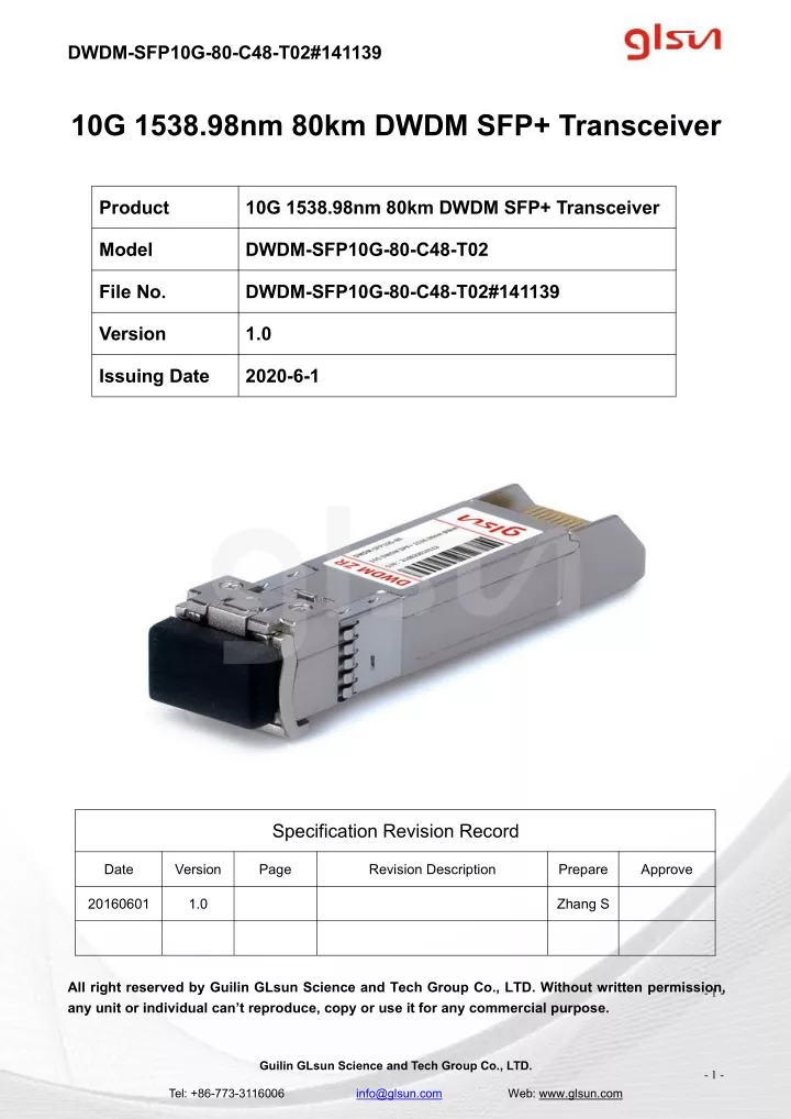 dwdm sfp10g 80 c48 t02 141139