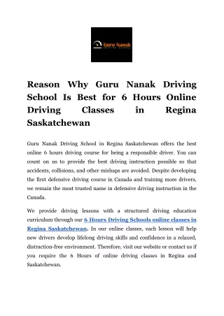 Reason Why Guru Nanak Driving School Is Best for 6 Hours Online Driving Classes in Regina Saskatchewan