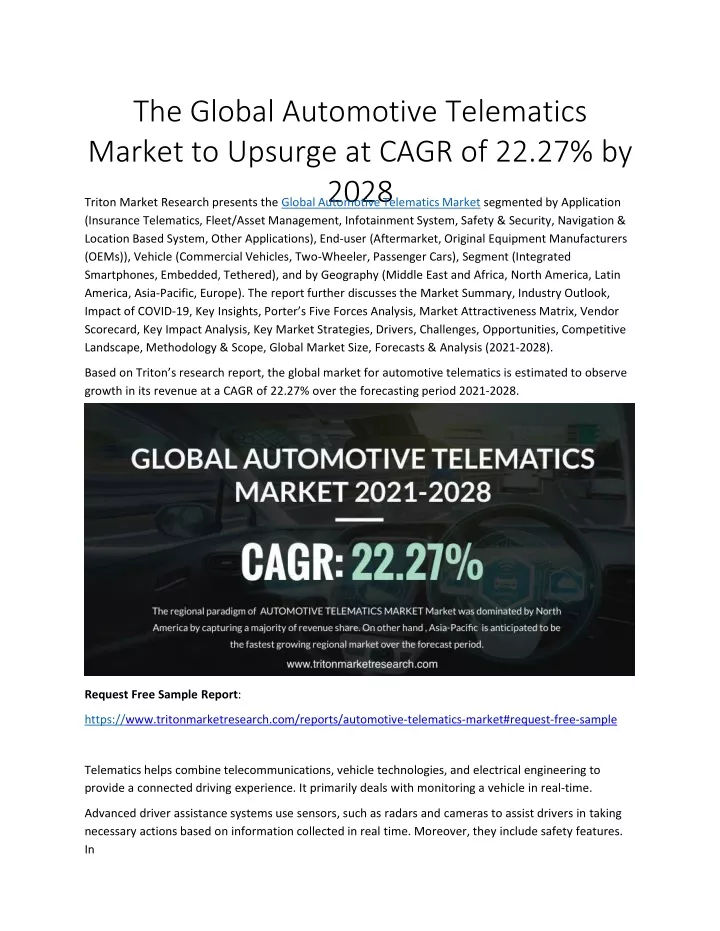 the global automotive telematics market to upsurge at cagr of 22 27 by 2028