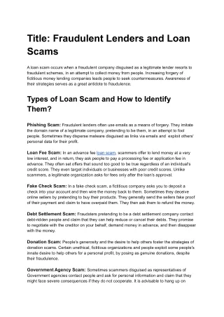 Fraudulent Lenders and Loan Scam