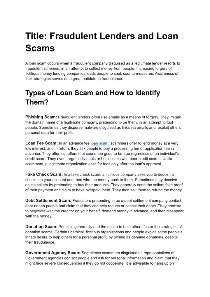 title fraudulent lenders and loan scams