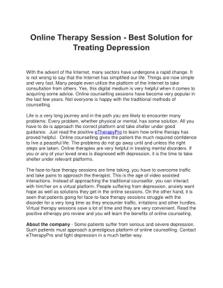 Online Therapy Session Best Solution for Treating Depression