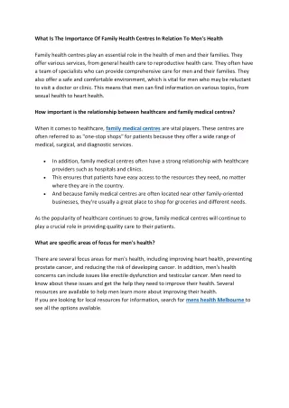 What Is The Importance Of Family Health Centres In Relation To Men's Health