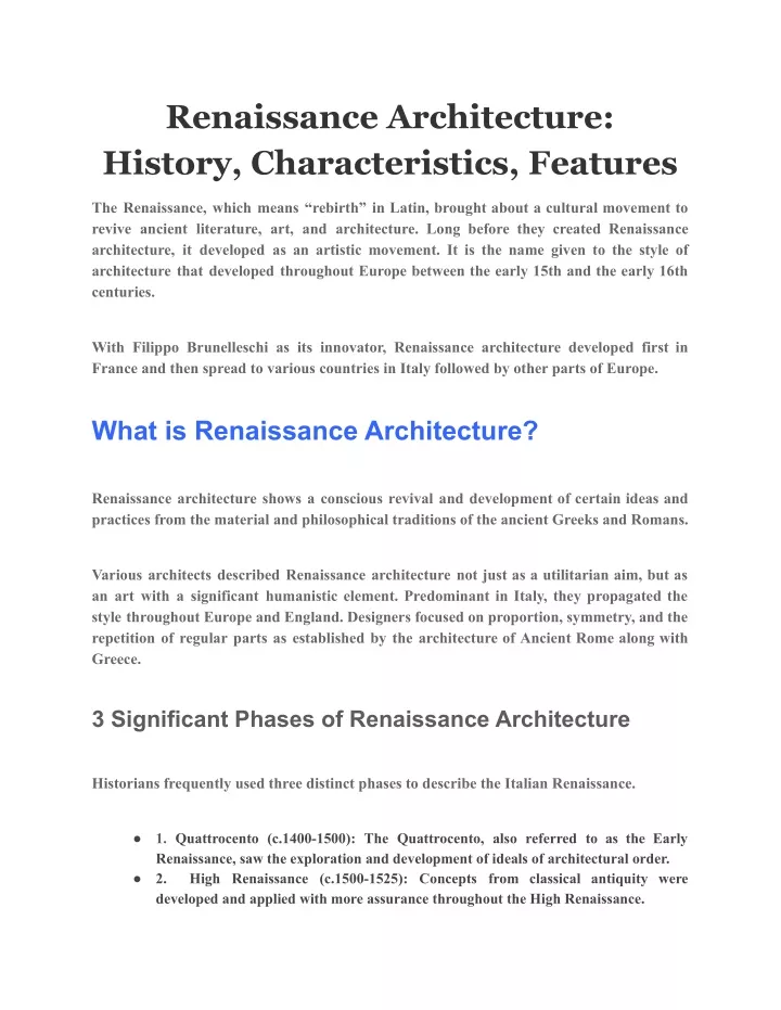 renaissance architecture history characteristics