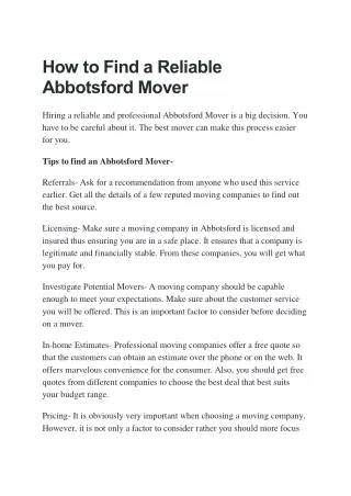 How to Find a Reliable Abbotsford Mover
