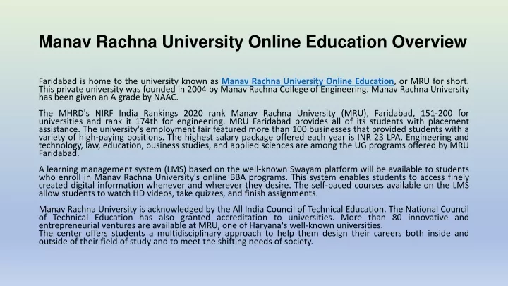 manav rachna university online education overview
